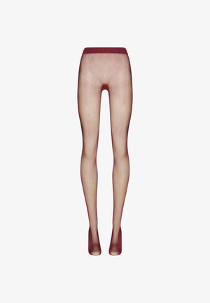 Burgunderfarbene Netzstrumpfhosen mit einem strukturierten Design, featuring ein breites Bündchen und einem offenen Strickmuster, das sich über den gesamten Beinbereich erstreckt.