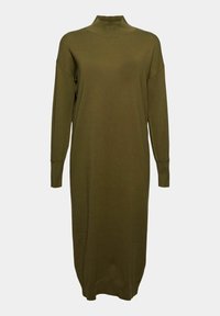 Robe pull longue en maille vert olive avec un col montant et des manches longues, présentée sur un fond uni.