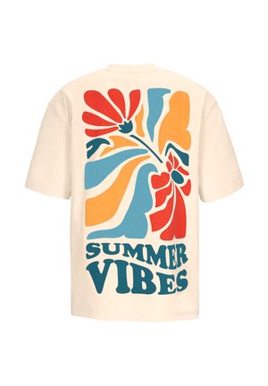 Cream-colored t-shirt with a red, blue, and orange abstract flower design and "SUMMER VIBES" text on the back.