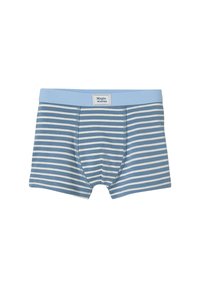 Blaue und weiße gestreifte Boxershorts mit einem hellblauen Bund, beschriftet mit "Magic Waves", flach auf einem weißen Hintergrund ausgelegt.