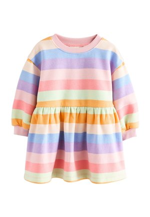 Robe bébé à manches longues avec des rayures horizontales pastel en rose, violet, bleu, vert et orange, dotée d'une taille froncée et de poignets et d'un col côtelés.