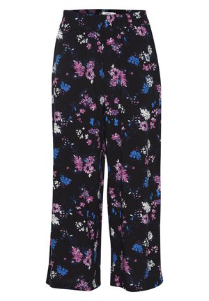 Melnas ziedu bikses ar rozā, zilām un baltām ziedlapiņām, izgatavotas no viegla auduma, ar elastīgu jostu un platām kājām.