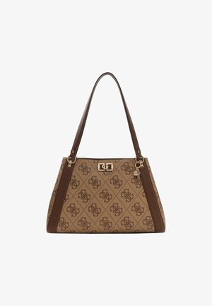 Borsa a tracolla marrone con motivo monogramma, texture liscia, doppi manici, dettagli in metallo dorato e una chiusura decorativa con logo.