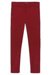 Pantalon rouge cintré avec une texture lisse, doté de deux poches avant et d'une ceinture simple. Le design est élégant et ajusté.