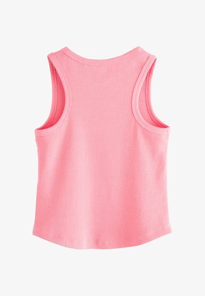 Maiou roz cu rebreu, cu un guler rotund și decupaje largi la brațe. Textură netedă și tiv drept. Fără modele sau detalii suplimentare.