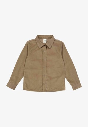 Braunes Cordhemd mit Kragen, Knopfleiste und langen Ärmeln. Glatte Textur mit sichtbaren vertikalen Streifen und einfacher Naht.