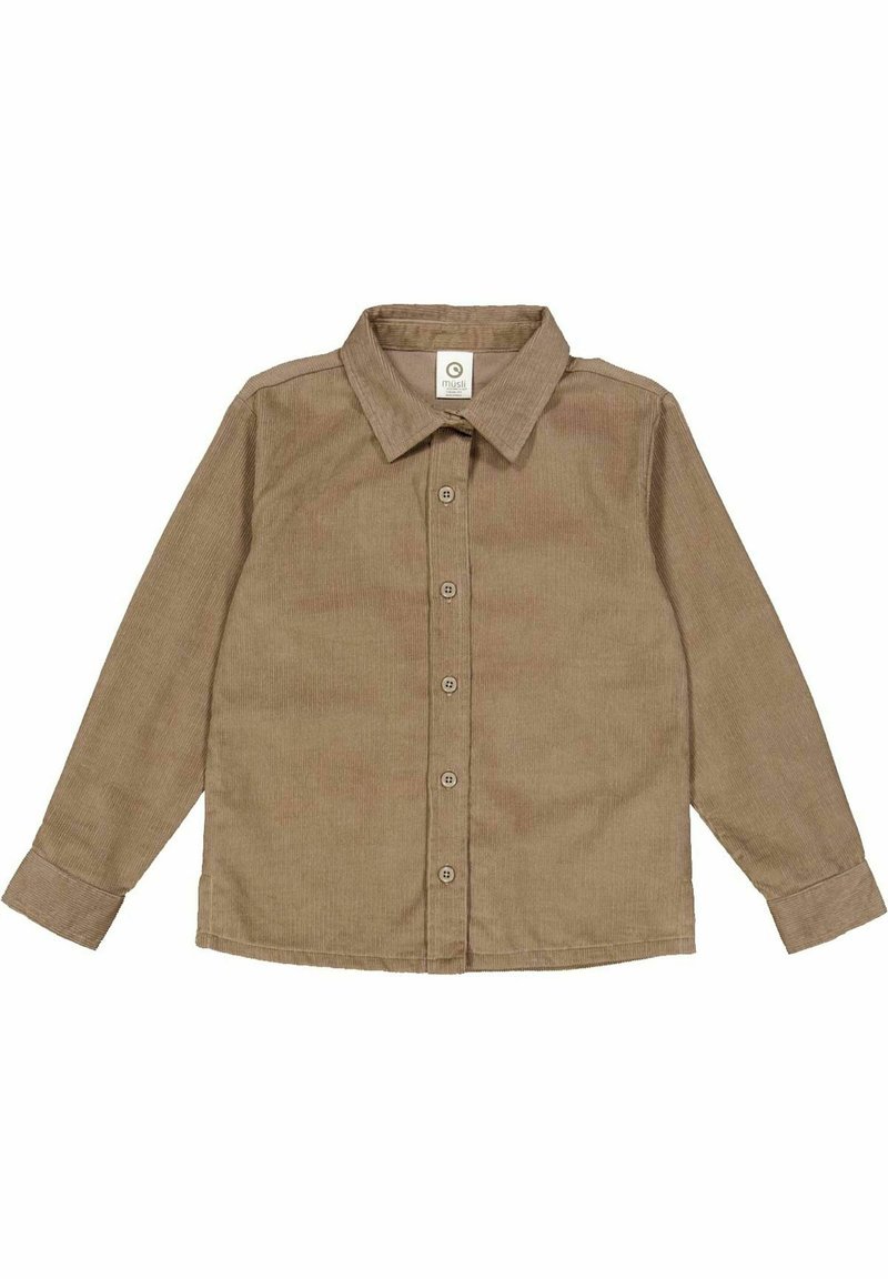 Bruine corduroy overhemd met een kraag, knoopsluiting en lange mouwen. Glad oppervlak met zichtbare verticale strepen en eenvoudige stiksels.