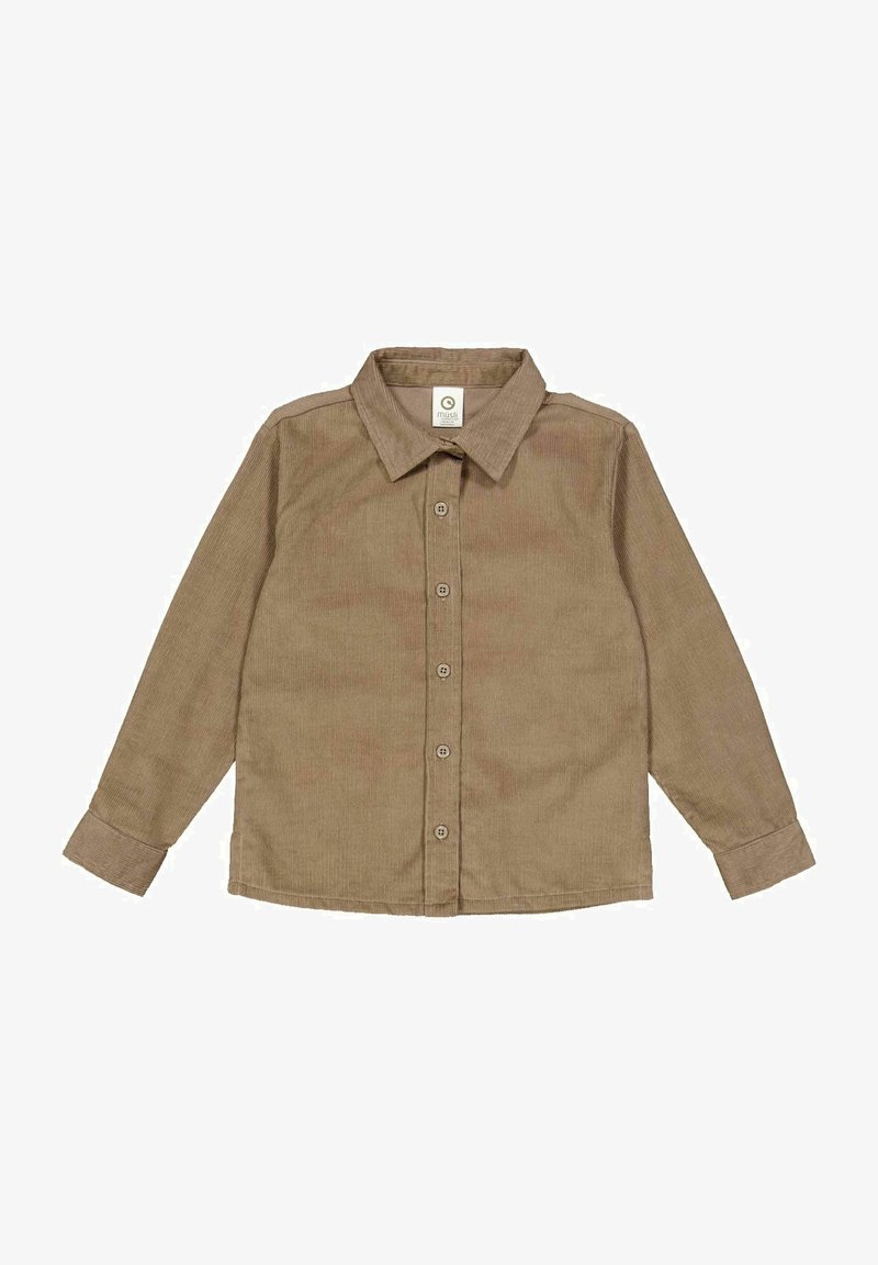 Bruine corduroy overhemd met een kraag, knoopsluiting en lange mouwen. Glad oppervlak met zichtbare verticale strepen en eenvoudige stiksels.