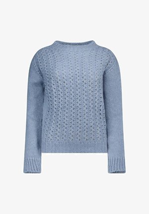 Maglione lavorato a maglia di un blu chiaro, con un motivo testurizzato e a traforo, scollatura a girocollo e polsini e orlo a coste. Tessuto morbido e traspirante.