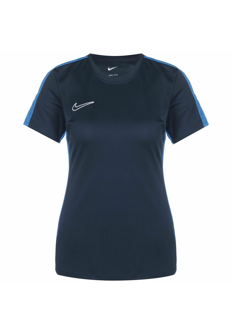 Mörkblå tränings-T-shirt med korta ärmar, med en ljusblå detalj på axlarna och en vit Nike-logga på bröstet.