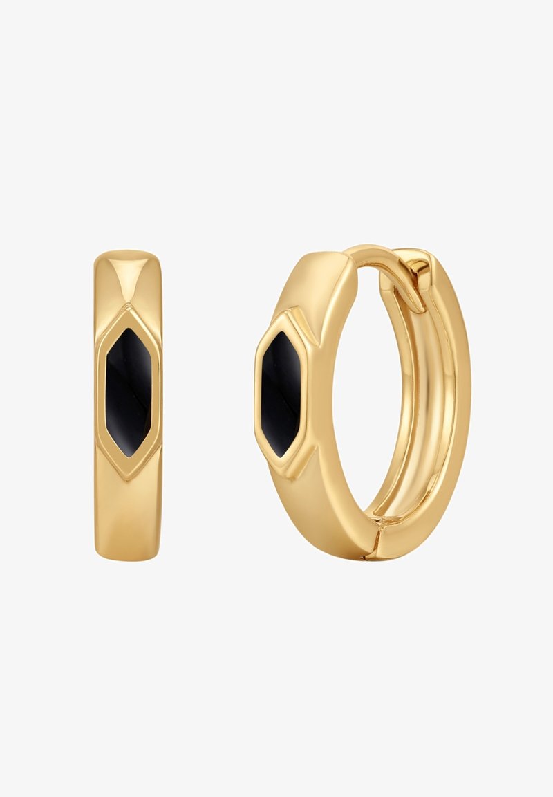 Zlate uhane obroči s heksagonalnim črnima dragulji. Gladka površina, rahlo debela zasnova z varnim zapiranjem.