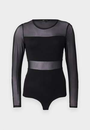 Body negru cu mâneci lungi, din material cu panouri de plasă transparentă pe umeri și talie, având o textură fină și un design ajustat.