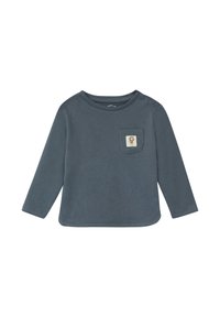 Donkergrijs katoenen overhemd met lange mouwen, voorzien van een klein borstzakje met een leeuwpatch en drukknoopjes op één schouder.