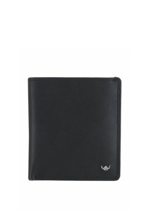 Black leather bifold wallet with visible stitching and a small silver winged emblem in the bottom right corner.
