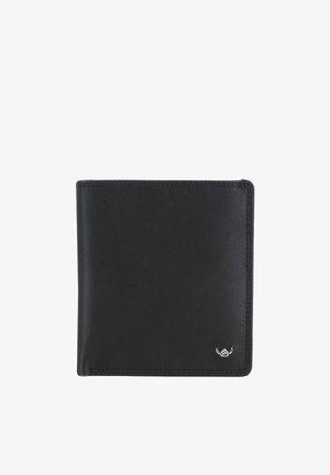Cartera negra de cuero con doble pliegue, costuras visibles y un pequeño emblema plateado con alas en la esquina inferior derecha.