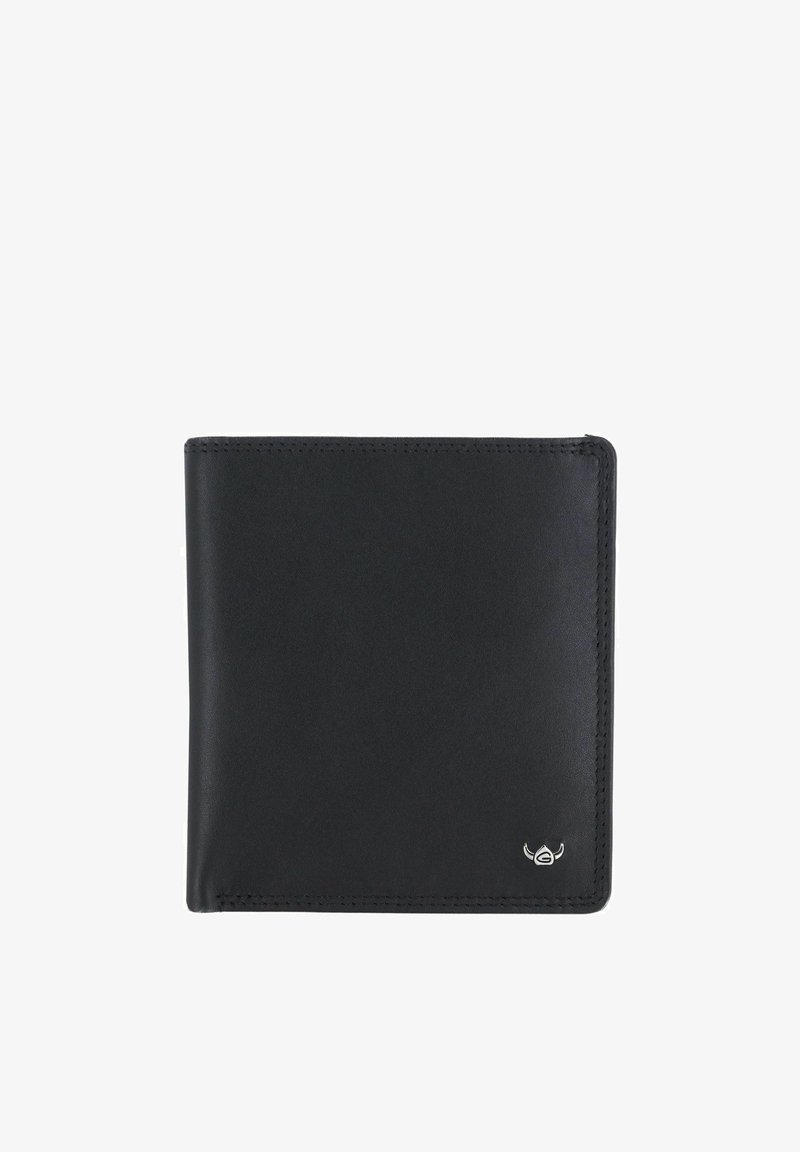 Portefeuille bifold en cuir noir avec coutures visibles et petit emblème argenté ailé dans le coin inférieur droit.