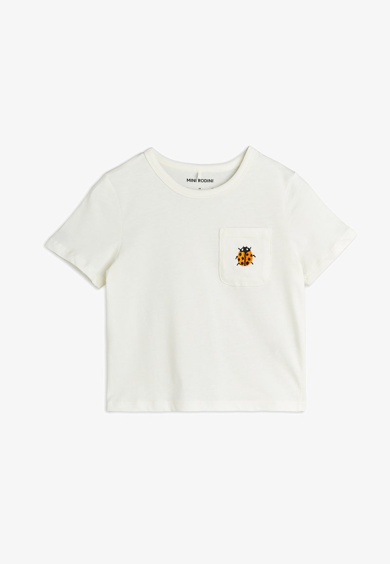 White cotton short-sleeve t-shirt with a round neckline and a front pocket featuring a colorful ladybug design.