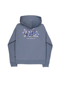 Pullover hoodie in misto cotone grigio ardesia, con un logo astratto blu e argento lucido sul retro, dotato di cappuccio con coulisse.