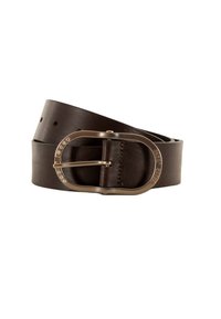 Cinturón de cuero marrón con una gran hebilla metálica ovalada que presenta pequeños embellishments claros a lo largo del borde. Textura fuerte y acabado suave.