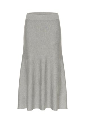 Svetlo siva pletena midi krila z oblikovanim pasom in rahlo razširjenim robom, prikazana na beli podlagi.