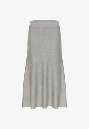 Jupe midi en tricot gris clair avec une taille ajustée et un ourlet légèrement évasé, présentée sur un fond blanc.