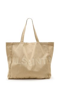 Beige Tragetasche aus weichem Stoff mit kurzen Griffen und einem großen, auffälligen "ALLSAINTS"-Logo in heller Farbe auf der Vorderseite.