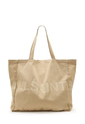 Beige schoudertas van zachte stof met korte handvatten en een groot, vet "ALLSAINTS" logo dat in lichte kleur op de voorkant is gedrukt.