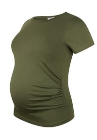 Olivengrünes Still-T-Shirt, kurzärmlig, runder Halsauschnitt, mit seitlicher Raffung für eine optimale Passform. Glattes, dehnbares Material mit weicherer Textur.