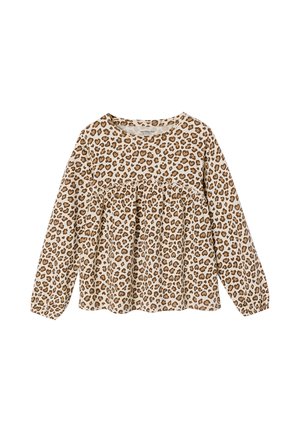 Beige Bluse mit langen Ärmeln, braunem Leopardendruck, rundem Ausschnitt und geraffter Taille für eine lockere Passform.