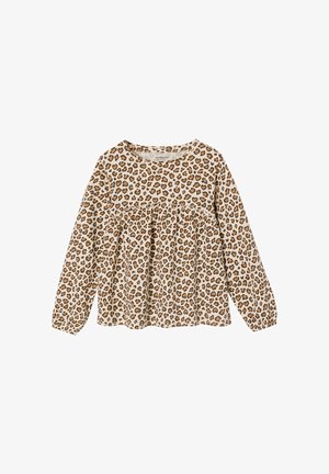 Long-sleeve beige blouse with brown leopard print, round neckline, and gathered waistline for a loose fit.