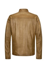 Brown leather jacket with a smooth finish, collar, and long sleeves. Features stitching along seams and a straight hem at the waist.