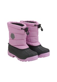 Rosa quiltade snöstövlar med svart gummibas och strukturerad sula. Har dragsko-stängning och vadderad skaft för isolering.