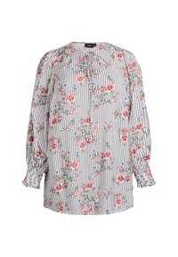 Blouse à fleurs et rayures avec des manches longues élastiques, un col rond et une coupe ample, ornée de motifs floraux roses et bleus sur fond blanc.