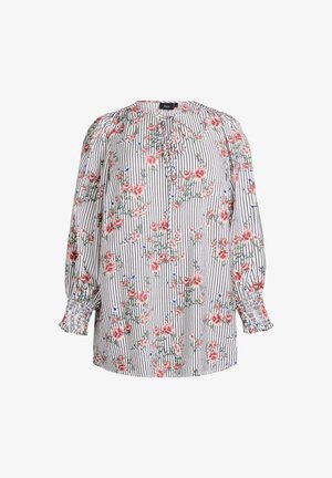 Bluse mit Blumen- und Streifenmuster, langem, elastischem Ärmel, rundem Ausschnitt und lockerer Passform in Weiß mit rosa und blauen Blumenmustern.