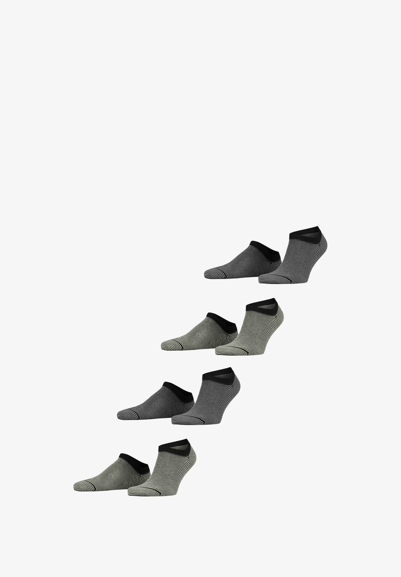 Enkelsokken in zwart en grijs gestreept met zwarte boorden, voorzien van een geribbelde textuur en een naadloze teen, gepresenteerd per paar.