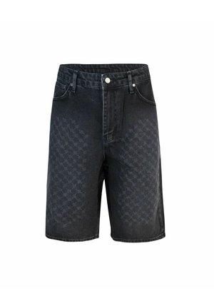 Shorts en denim noir avec un subtil motif pied-de-poule, dotés d'une fermeture à bouton, de passants de ceinture et de poches classiques. Design intemporel.