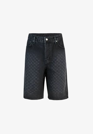 Shorts en denim noir avec un subtil motif pied-de-poule, dotés d'une fermeture à bouton, de passants de ceinture et de poches classiques. Design intemporel.
