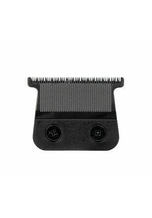 Black metal hair clipper blade with fine teeth and two visible screws on a white background.