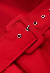 Roter Stoffgürtel mit rechteckiger, mit Stoff bezogener Schnalle und silbernen Metallösen an einem passenden roten Kleidungsstück.