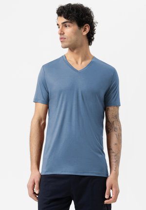 V-neck short-sleeve t-shirt in blue, made of soft fabric. Features a relaxed fit and smooth texture. No prominent patterns or accents.