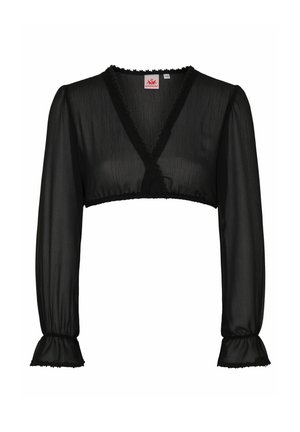 Blouse noire cropped en tissu transparent. Caractérisée par des manches longues bouffantes avec des poignets à volants et un décolleté en V profond avec une finition festonnée.