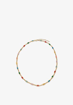 Gullkjede med rektangulære flerfargede edelstener i rødt, blått, grønt, lilla og gult, med hummerlåskrok og forlengelseskjede.