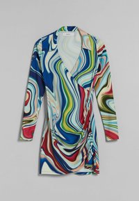 Mehrfarbiges Wickelkleid mit langen Ärmeln; mit abstrakten Wirbelmustern in Blau, Grün, Rot und Creme; aus glattem Stoff gefertigt.