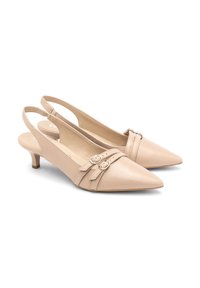 Décolleté in pelle beige con punta affusolata, dotati di due cinturini decorativi con fibbie argentate e un tacco quadrato basso.