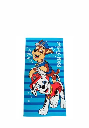 Blue striped towel with smiling cartoon dogs Chase and Marshall from Paw Patrol and the text "PAW Patrol" on the right side.