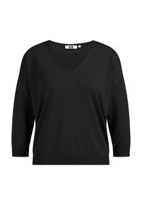 Suéter negro de cuello en V, con mangas de 3/4 y puños acanalados. Fabricado con un tejido suave y de ajuste relajado. Sin patrones ni acentos visibles.