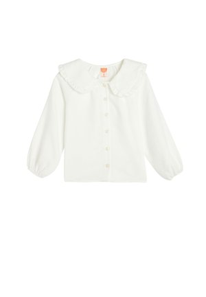 Weißes Hemdblusenshirt mit einem Rüschenausschnitt, langen Puffärmeln und leichtem Stoffgefühl. Fünf Knöpfe an der Vorderseite, schlichtes Design.