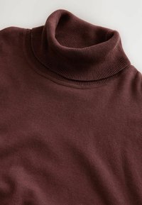 Burgundijas turtlenecks džemperis ar ribotu apkakli, gludu faktūru un cieši pieguļošu dizainu bez redzamām rakstu vai akcentiem.