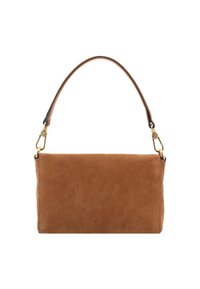 Braune Wildleder-Handtasche mit einer strukturierten rechteckigen Form, einem einzelnen Lederhenkel und goldfarbenen Metallelementen.