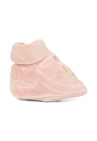 Roze pluchen babyschoen met een omgeslagen kraag, geborduurde florale details en een gestructureerde stof. Voorzien van een zachte voering en een ronde neus.